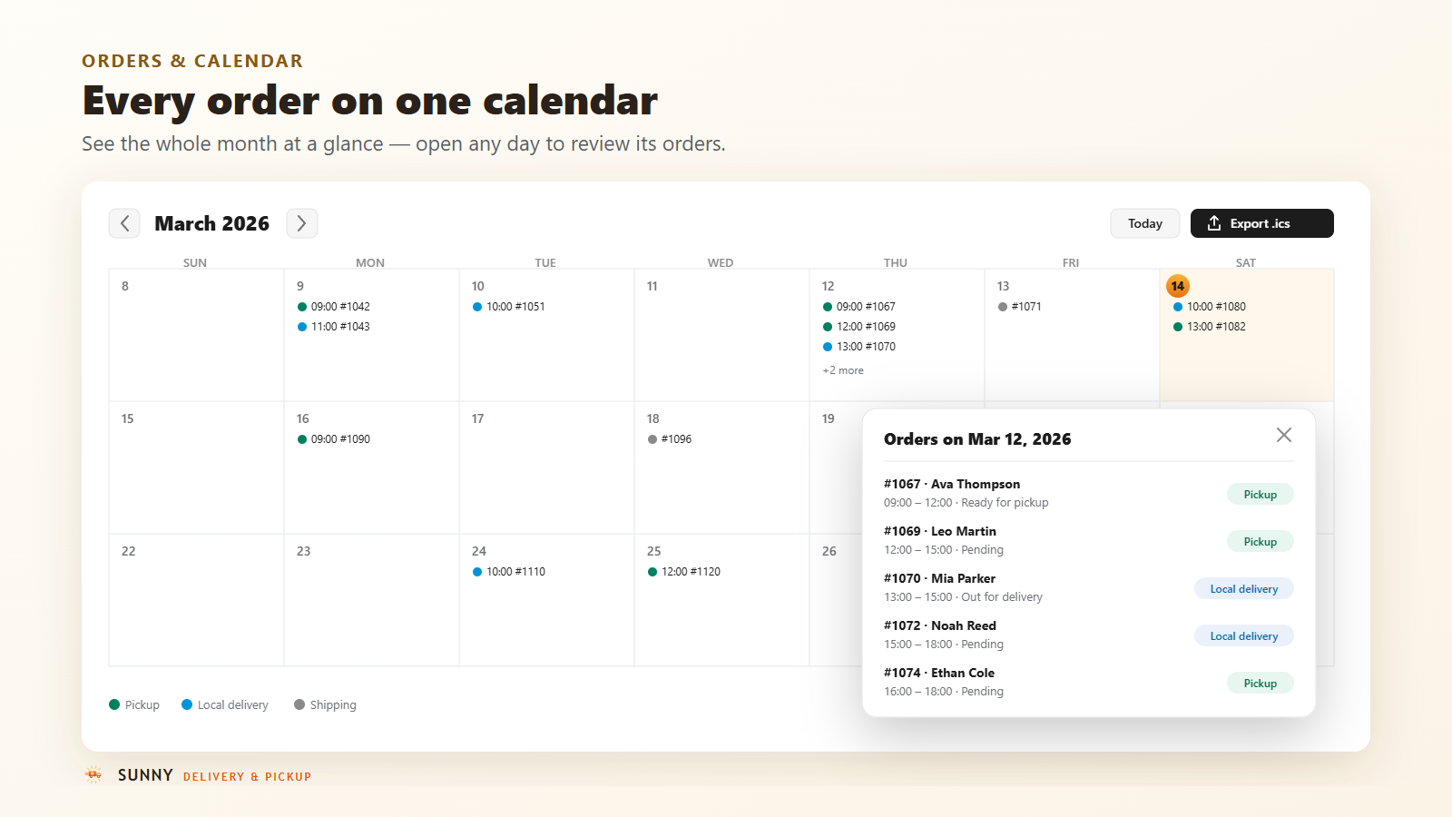 Month calendar with colour-coded pickup and delivery orders