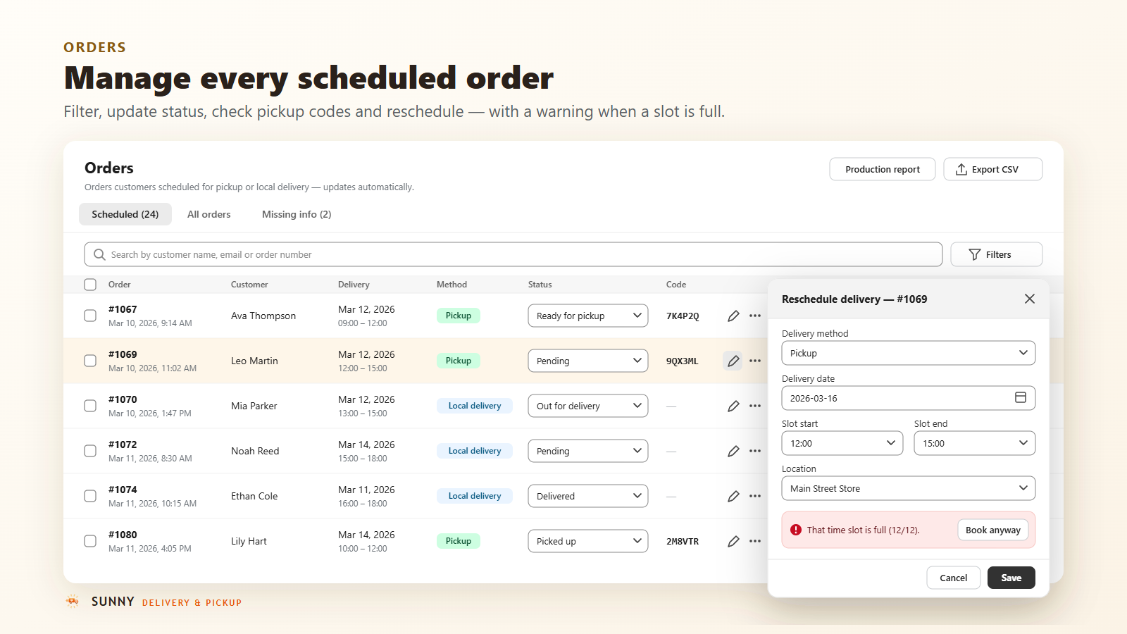 Orders list with status, pickup codes and a reschedule window warning that a slot is full