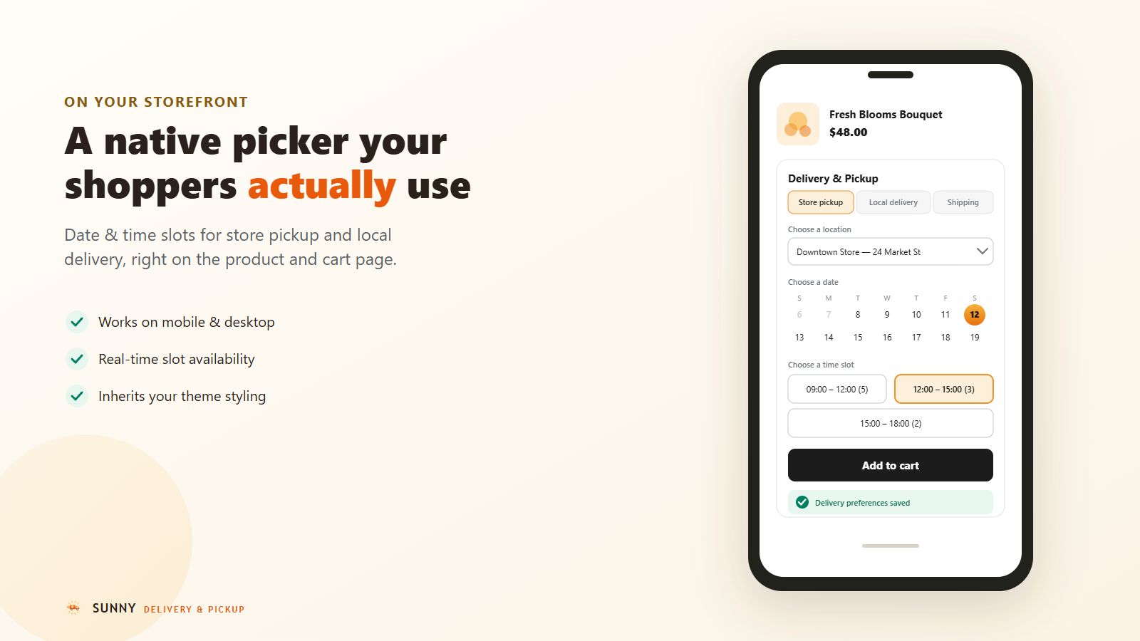 The SUNNY Delivery widget on a phone with date calendar and time slots